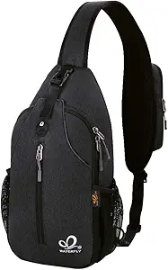 WATERFLY Crossbody Sling Backpack Sling Bag Travel Hiking Chest Bag Daypack (Black)